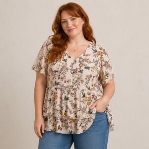 Torrid‎ Womens Pink Floral V-Neck Tiered Peplum Chiffon Blouse Top Plus Size 2